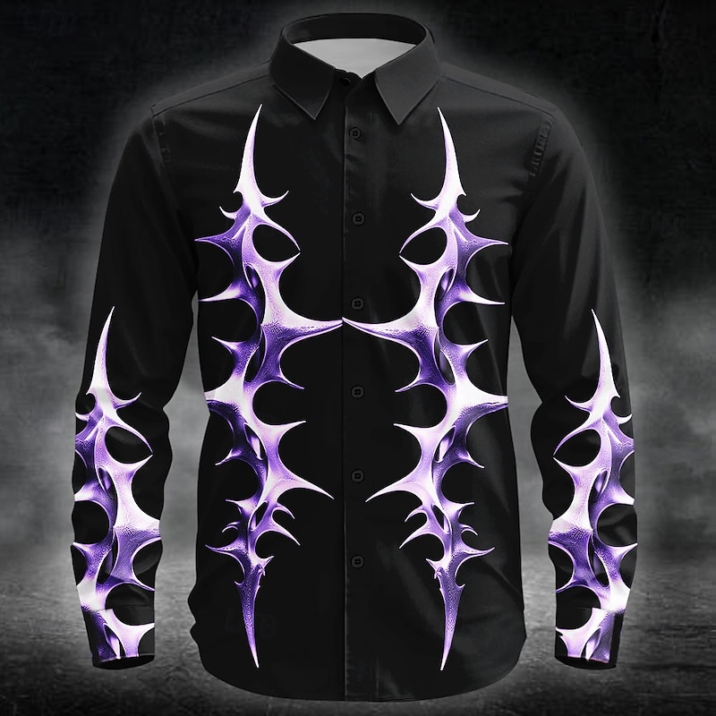 Halloween Men's Neon Glow Flame Spiked Shape Shirt Button Up Shirt Long Sleeve Dark Punk Gothic Style Outdoor Holiday Summer Spring Turndown 3D Print Collared Shirts Red Blue Purple Green2
