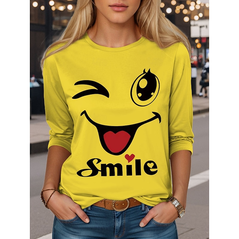 Women's T shirt Long Sleeve Crew Neck Long Sleeve Tunic Graphic Letter Vintage Stylish Round Neck Regular Tops Daily Weekend Print White Yellow Pink Blue Green Fall Prefall