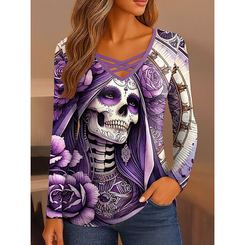 Halloween Women's T Shirt Skulls Graphic Vintage Stylish Classic Long Sleeve V Neck Regular Tops Daily Cut Out Print Pink Blue Purple Green Spring Fall