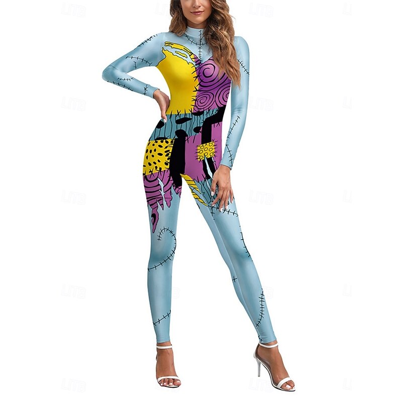 Women's Normal Jumpsuit Holiday Graphic Long Sleeve Turtleneck High Waist Print Party Halloween Regular Fit Black Blue Light Blue Summer