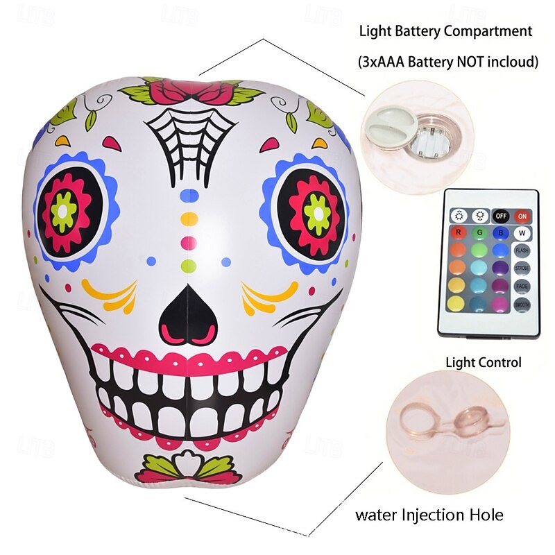 1 Pc 1.4M * 1.25M Halloween Colorful Skull RGB with Light Waterproof PVC Inflatable Air Model Indoor and Outdoor Courtyard Garden Lawn Party Festival Atmosphere Decorative Light AAA Battery Box4