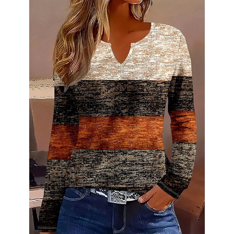 Women's T Shirt Graphic Geometric Striped Vintage Stylish Classic Long Sleeve V Neck Notched Neck Regular Tops Daily Weekend Print Brown Spring Fall Winter