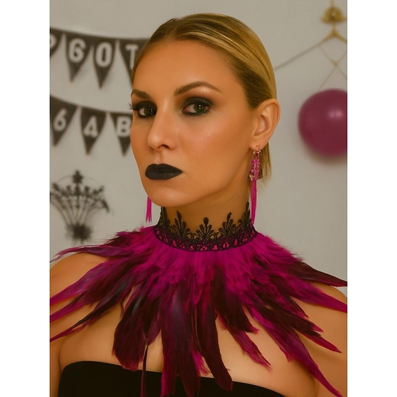 Women's Halloween Gothic Black Feather Neck Scarf, Vintage Lace Collar Costume Accessory for Parties, Masquerade and Cosplay