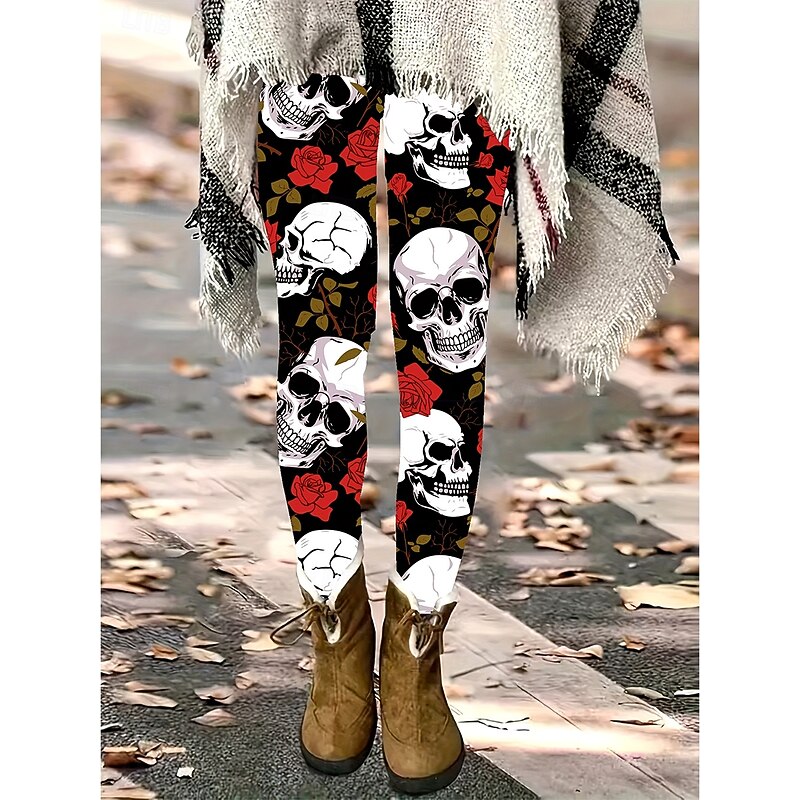 Women's Leggings Vacation Vintage Fashion Full Length High WaistPantsHalloween Floral Graphic Skull Printing Soft Breathable High Elasticity Outdoor Vacation Street Dark red Spring Fall Winter Slim2