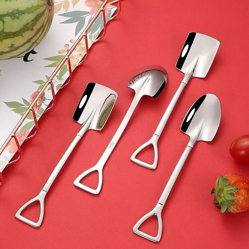 4pcs Stainless Steel Shovel Spoon, Creative Cute Mini Shovel Dessert Spoons, Household Stainless Steel Tableware for Watermelon, Ice Cream, Couples4