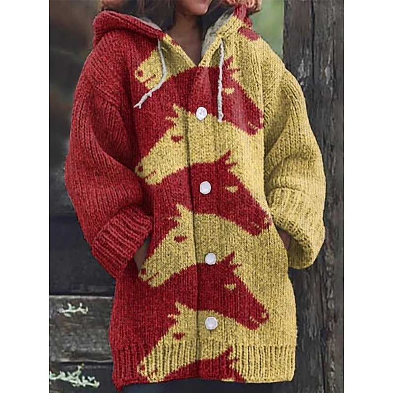 Women's Cardigan Vacation Daily Animal Ribbed Hooded Knitted Print Front Pocket Long Sleeve Regular Tops Knit Outdoor Daily Holiday Yellow Red Fall Winter4