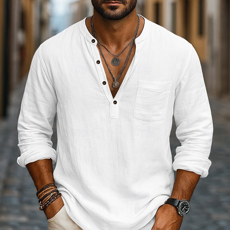 Men's Shirt Linen Shirt Popover Shirt Plain Vacation Casual Black White Navy Blue Blue Long Sleeve Collar Summer Spring Clothing Apparel Pocket2