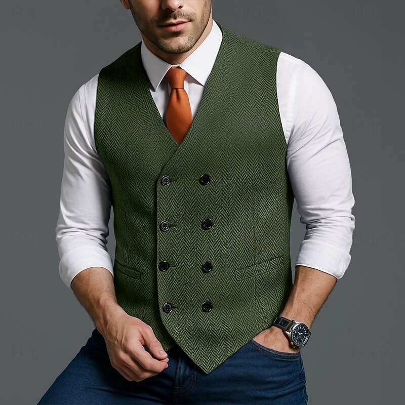 Men's Vest Waistcoat Formal Vacation Daily Wedding Party Fashion Classic Spring Fall Pocket Buttons Polyester Comfortable Plain Herringbone Double Breasted V Neck Slim Fit Black Red Navy Blue Royal