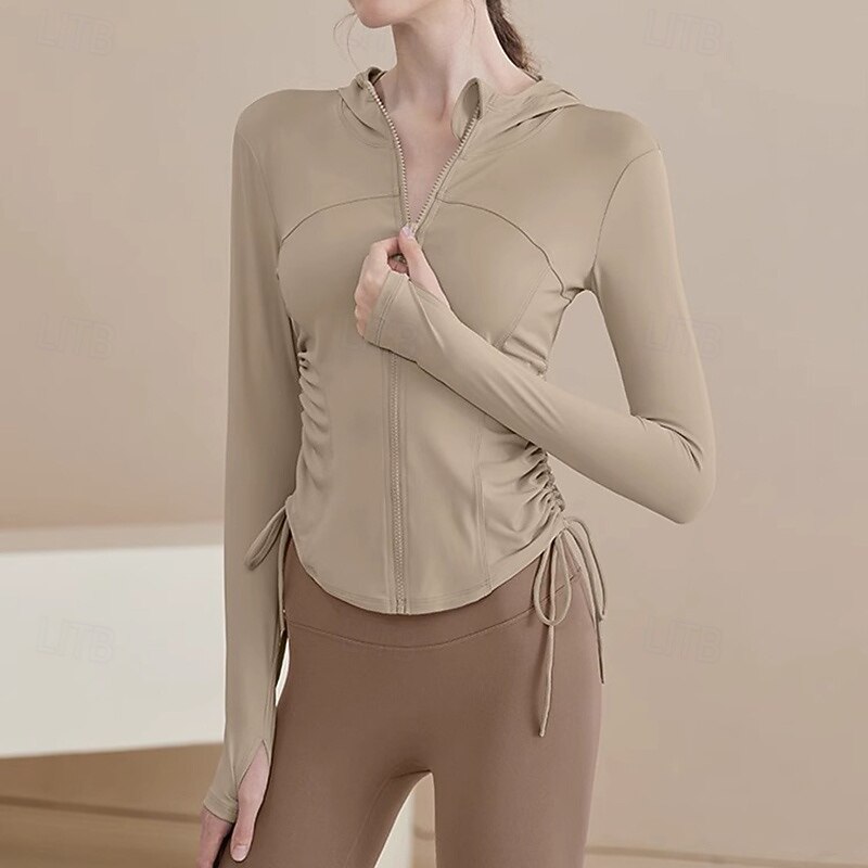 Women's Workout Jacket Stretchy Drawstring Long Sleeve Sports Solid Color Top For Gym Zumba Running Slim Activewear4