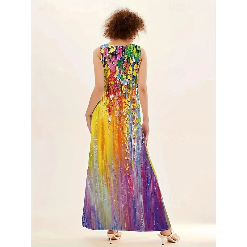 Women's Maxi Dress Sheath Dress A Line Dress Fit And Flare Dress Party Birthday Casual Party Office Wedding Guest Regular Fit Floral Color Block Sleeveless V Neck Rainbow Spring Fall Winter Autumn4