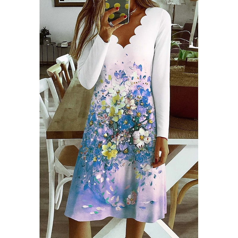 Easter Women's Mini Dress Shift Dress Casual Boho Daily Regular Fit Floral Graphic Long Sleeve V Neck Blue Purple Green Spring Fall Winter Autumn2