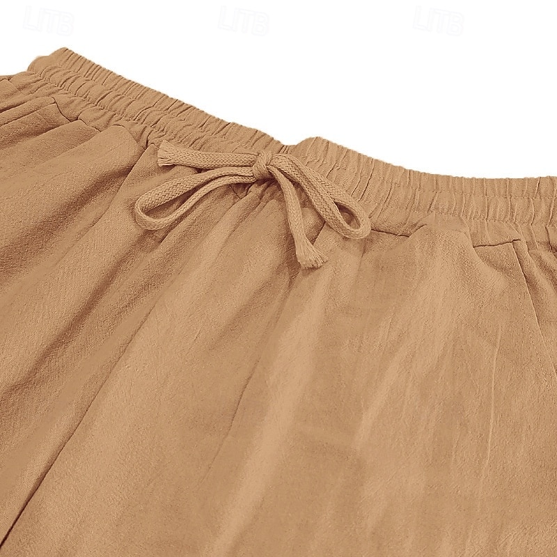 Men's Linen Pants Trousers Summer Pants Beach Pants Drawstring Elastic Waist Straight Leg Plain Comfort Breathable Full Length Casual Daily Holiday Vacation Fashion Black White3