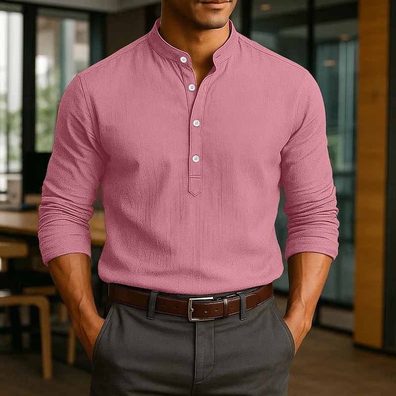 Men's Linen Shirt Popover Shirt Dress Shirt Casual Shirt Beach Shirt Band Collar Shirt Plain Vacation Casual Black White Pink Blue Long Sleeve Band Collar Spring & Summer All Seasons Clothing Apparel4