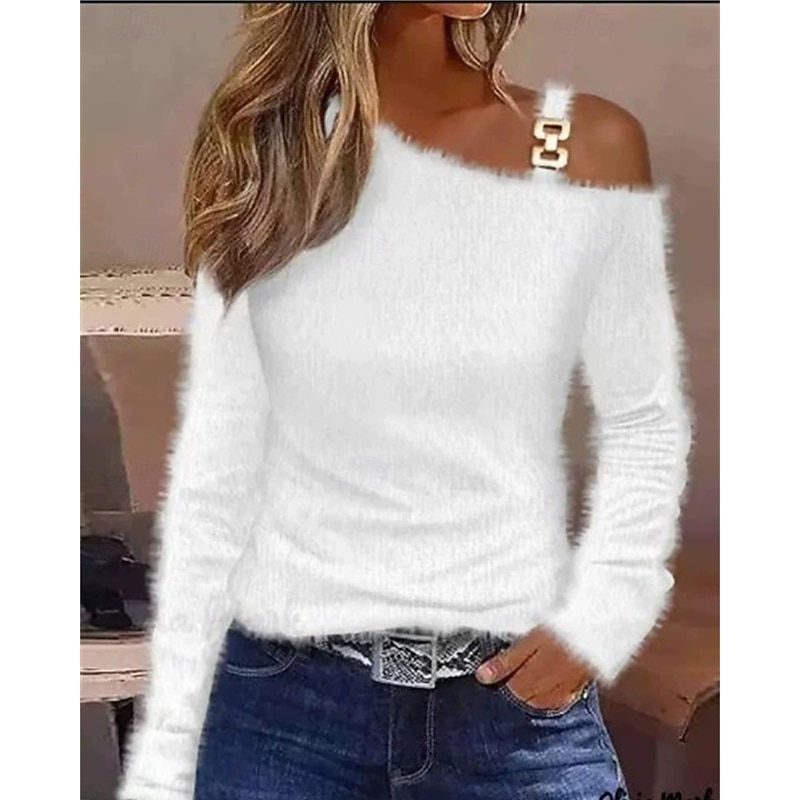 Women's Sweater Pullover Sweatshirt Fuzzy Cozy T Shirt Plain Ribbed Knitted Casual Long Sleeve One Shoulder Tops Daily Going out Weekend