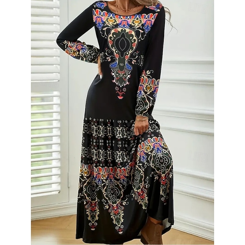 Women's Maxi Dress A Line Dress Summer Dress Vacation Casual Beach Daily Regular Fit Graphic Geometric Long Sleeve Crew Neck Black Summer Spring Fall Winter