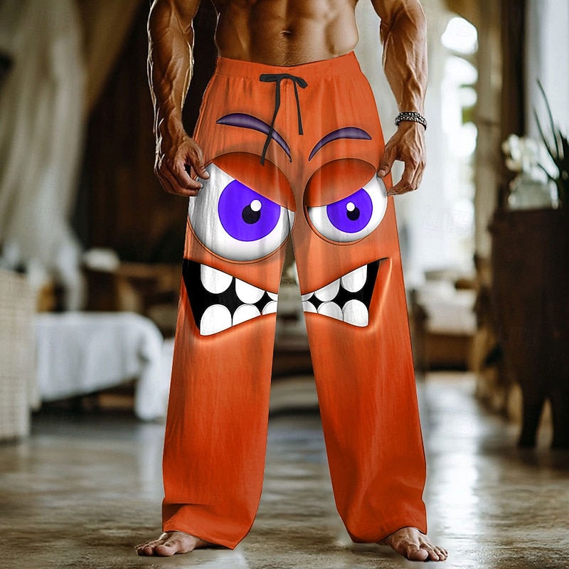 Men's 3D Cartoon Smile Face Trousers Baggy Pants Casual Pants Mid Waist Funny Outdoor Vacation Home Elastic Drawstring Waist Linen-Like Pants with Pockets Spring Fall 3D Print Red Blue Orange