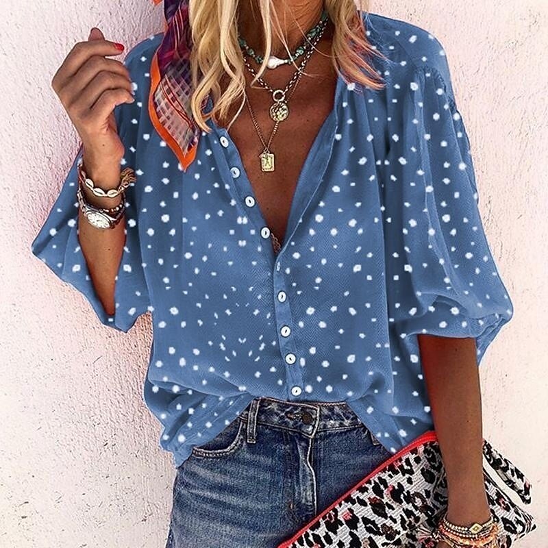 Women's Blouse Graphic Polka Dot Vintage Daily Casual 3/4 Length Sleeve V Neck Regular Tops Daily Holiday Beach Wear Print White Yellow Red Blue Spring Fall2
