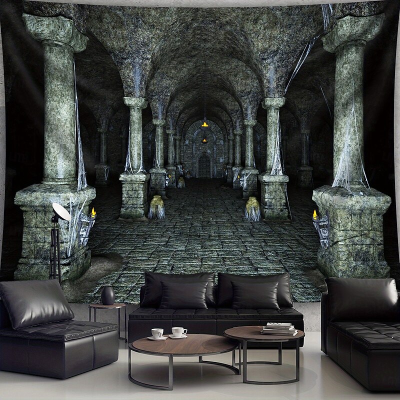 Dungeon Corridor Tapestry – Spooky Medieval Hallway Wall Hanging with Torches and Cobwebs for Halloween or Gothic Decor