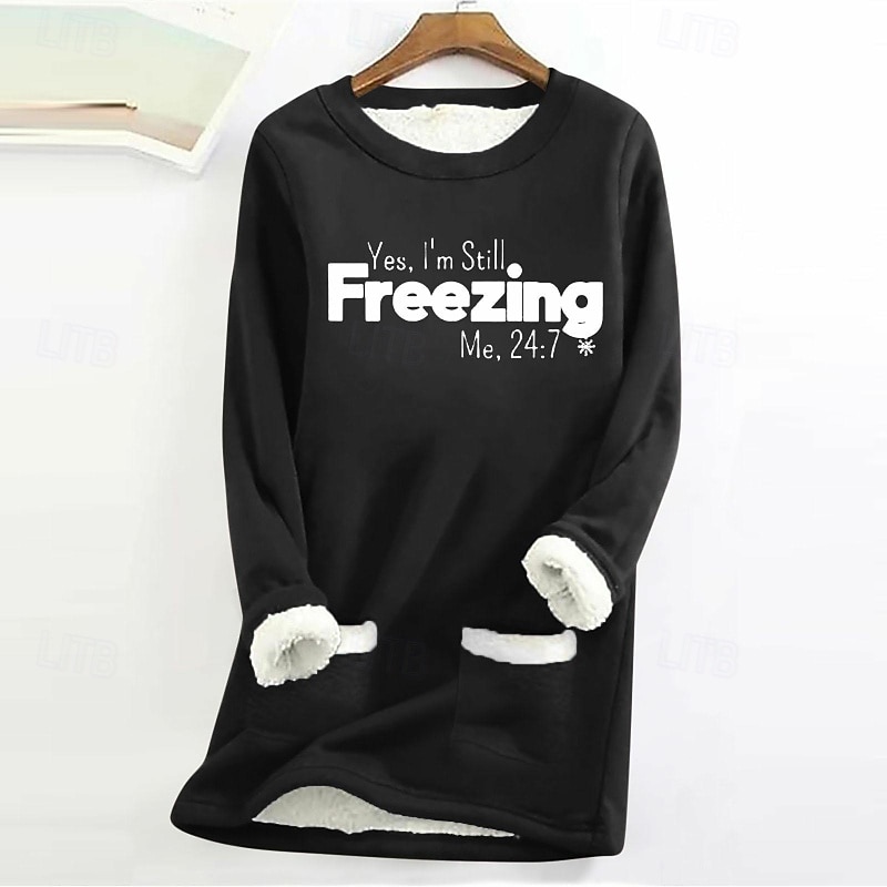 Women's Fleece Lined Pullover Sweatshirt Pajamas Pullover  Yes Im Cold Letter Streetwear Casual Long Sleeve Crew Neck Regular Tops Street Holiday Pocket Print Black Pink Blue Light Grey3