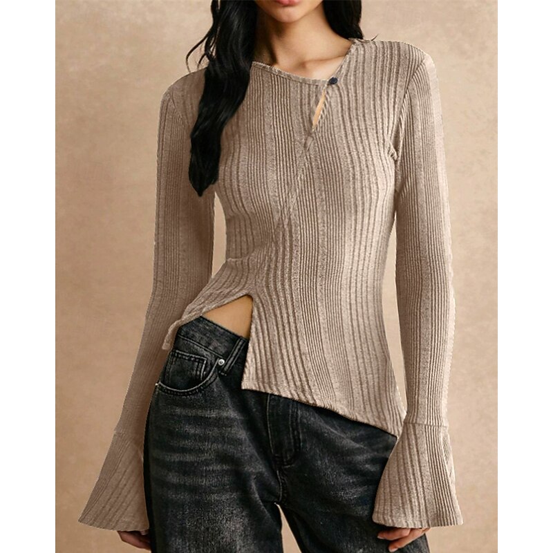 Women's Sweater Pullover Daily Stylish Casual Solid Color Ribbed V Neck Patchwork Buttons Knitted Long Sleeve Regular Tops Knit Daily Holiday Going out Black Pink Fall3