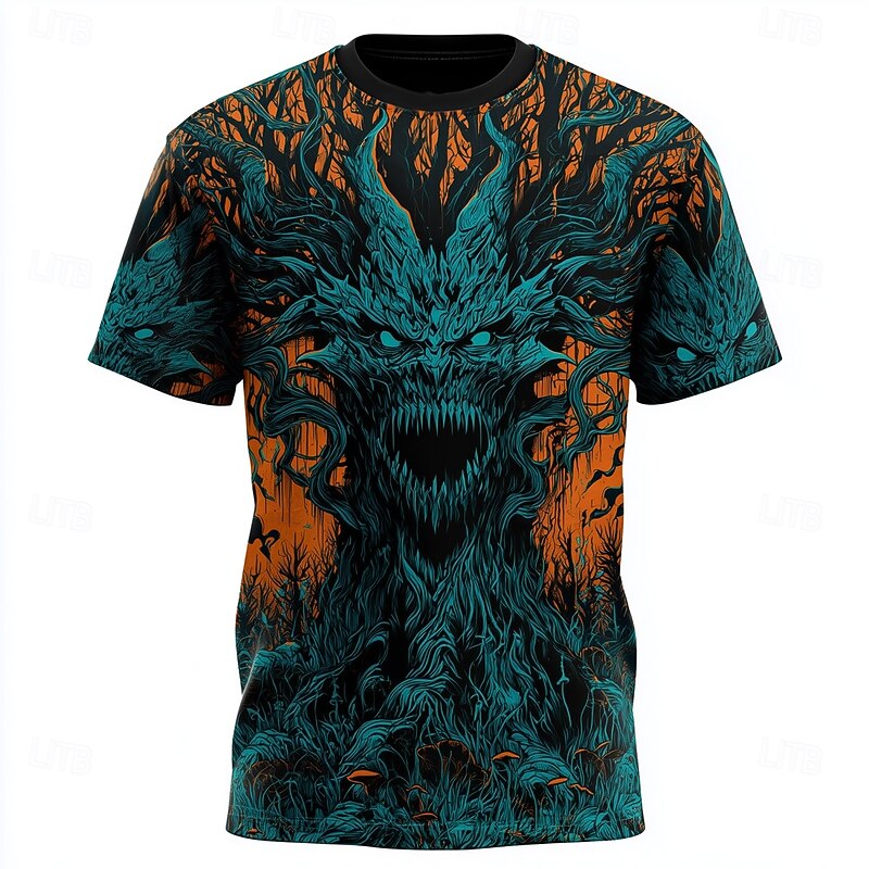 Halloween Men's Optical Illusion 3D Tree Demon T Shirt Short Sleeve T shirt 3D Print Crew Neck Shirt Exaggerated Designer Horror Party Street Holiday Blue Dark Green Summer Spring All Seasons