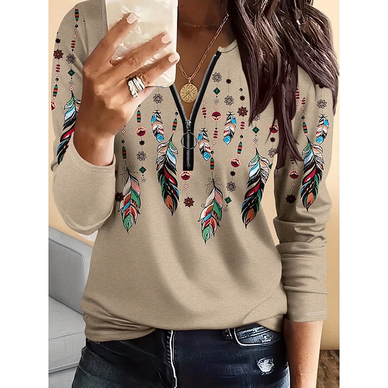 Women's T shirt Long Sleeve Graphic Feather Elegant Vintage Stylish Long Sleeve V Neck Regular Tops Daily Weekend Zipper Print Khaki Spring Fall Prefall