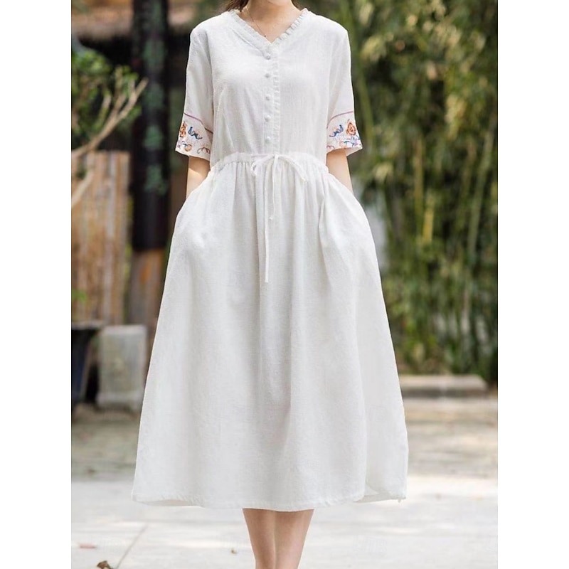 Women's Midi Dress A Line Dress Casual Daily Loose Fit Floral 3/4 Length Sleeve V Neck White Blue Orange Summer2