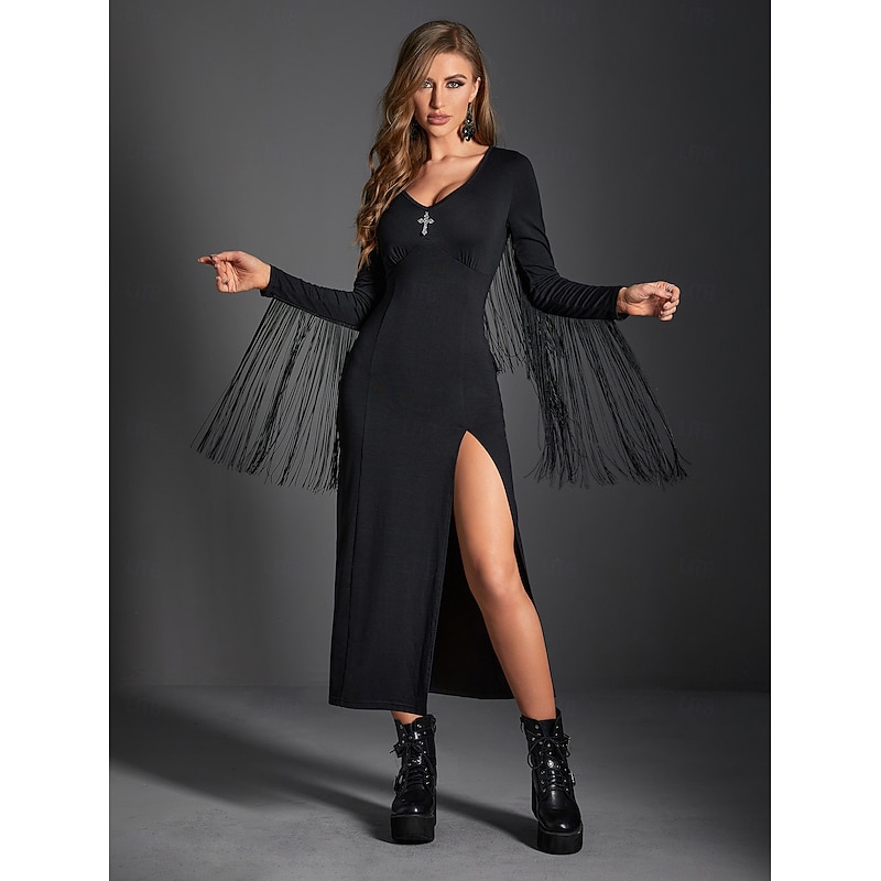 Gothic Midi Dress Bell Sleeve Witch Morticia Addams Fringe Slit Solid Color Sheath / Column V Neck Fancy Dress Women's Fantasy Halloween Carnival Performance Party Adults Dress - Main Image