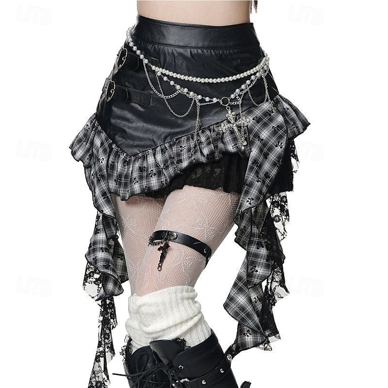 Punk & Gothic Mini Skirt Goth Girl Lace Asymmetric Hem Plaid Fancy Dress Women's Halloween Carnival Performance Party Adults Skirt