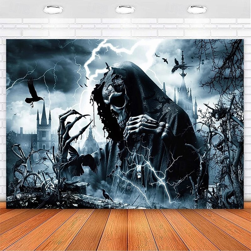 Halloween Grim Reaper Gothic Wall Tapestry – Dark Haunted Castle Lightning Storm Skull Wall Art Backdrop Large Hanging Mural Blanket Curtain for Bedroom Living Room Home Decoration