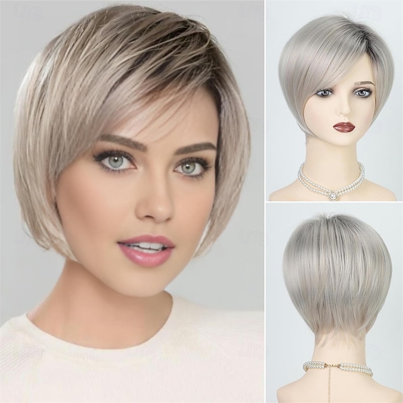 Blonde Short Hair Wigs for White Women Layered Ombre Platinum Pixie Bob Wig with Bangs Straight Realistic Synthetic Natural Daily Party Hair Replacement Wig