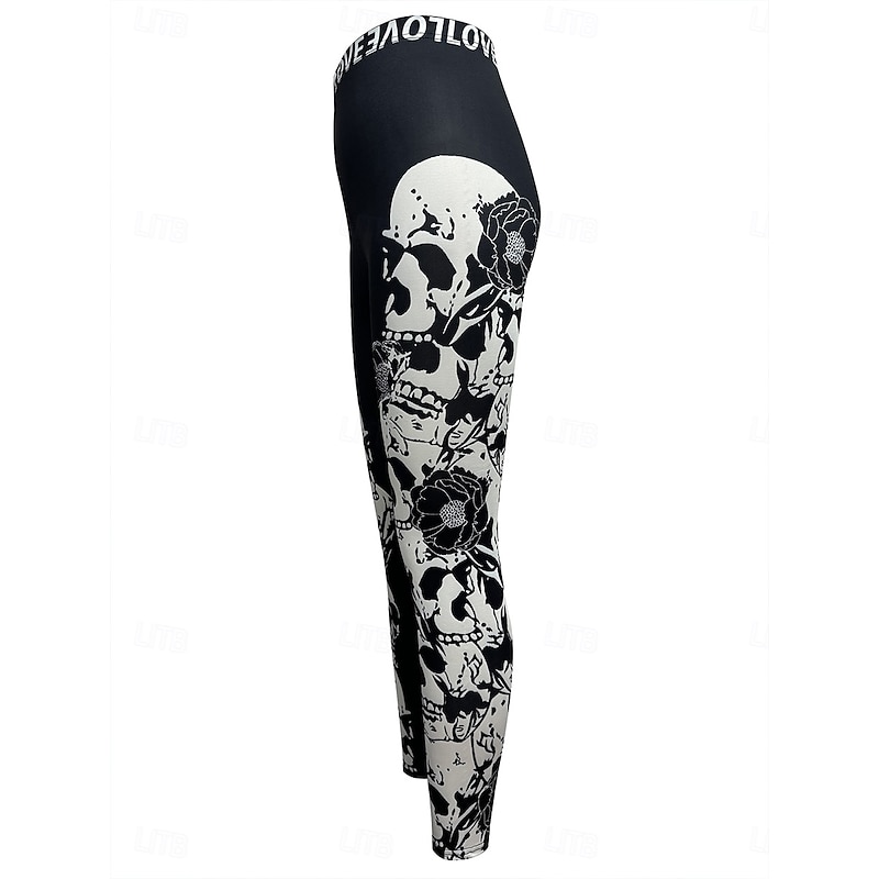 Women's Leggings Vacation Vintage Fashion Full Length High WaistPantsHalloween Graphic Skull Printing Soft Breathable Stretchy Outdoor Vacation Street Black White Black-white Spring Fall Winter Slim3