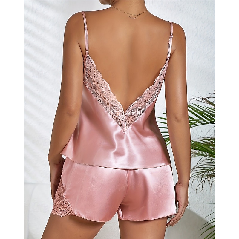 Women's Pajamas Fashion Comfort Pure Color Lace Patchwork Backless Home Bed Sleeveless Straps Light Pink Black White Champagne Red Summer