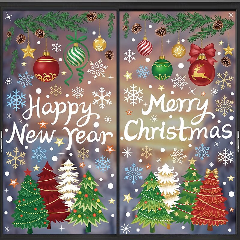 5 Sheet Christmas Window Cling Wall Sticker Decals Decorations, Creative Colorful Hanging Ornaments, Snowflakes & Christmas Trees, Static Cling, Holiday Home & Store Decor3