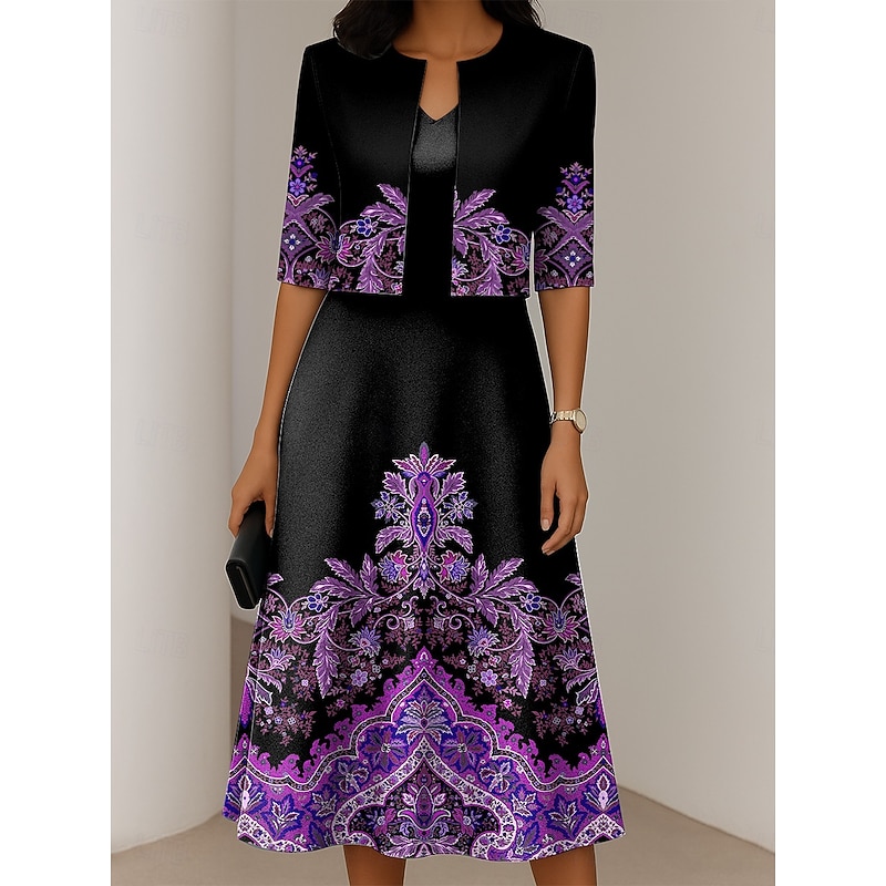 Women's Dress Set A Line Dress Summer Dress Elegant Casual Ombre Graphic Print Midi Dress Half Sleeve V Neck Formal Vacation Yellow Red Blue Spring Fall Regular Fit3