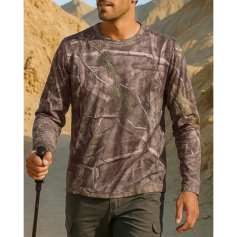 Men's Outdoor Shirt Hiking Shirt Long Sleeve Crew Neck Tee Tshirt Top Outdoor Quick Dry Lightweight Elastic Breathable Spandex Patchwork Brown Hunting Fishing Climbing