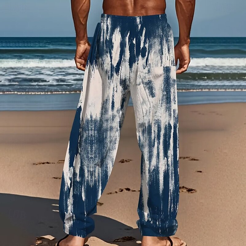 Men's Abstract Gradient Color Trousers Baggy Pants Casual Pants Mid Waist Casual Outdoor Vacation Elastic Drawstring Waist Linen-Like Pants with Pockets Spring Fall 3D Print Black Blue Dark Blue2
