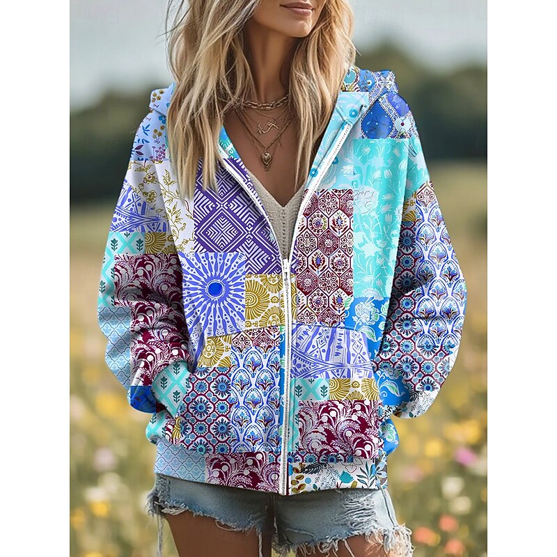 Women's 3D Print Vintage Boho Hoodie Patchwork Hoodie Sweatshirt Floral Zip Up s  Fashion Casual Long Sleeve Hooded  Street Dailywear Patchwork Zipper Pocket Yellow Pink Blue Purple Green Spring Fall2
