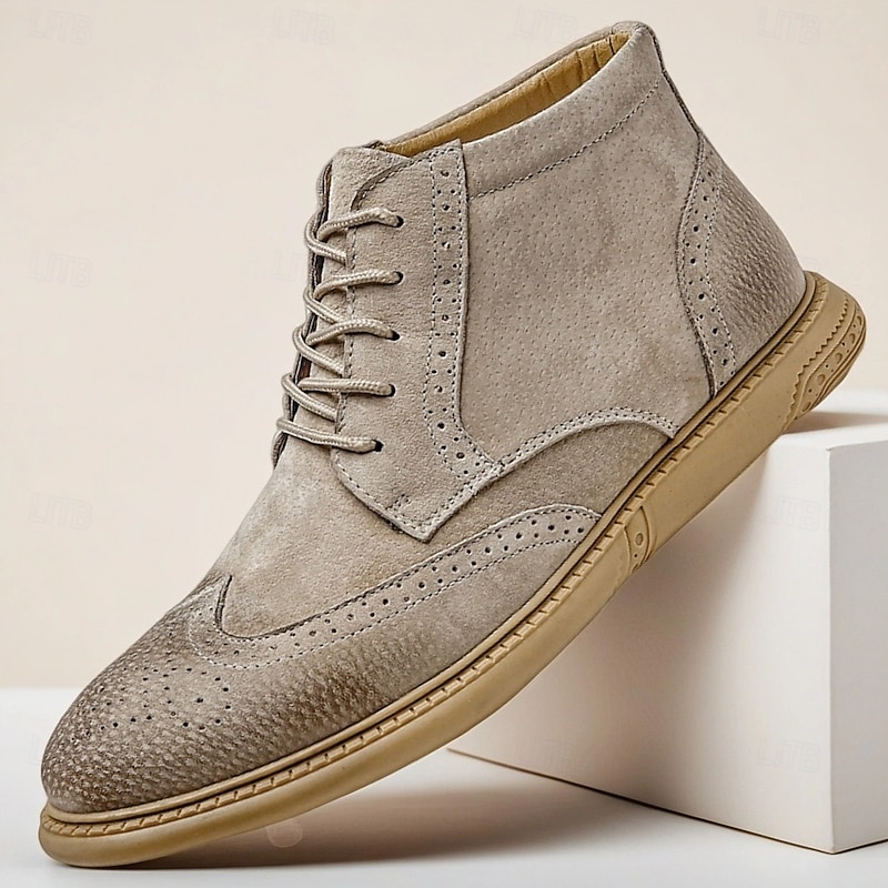 Men's Gray Suede Brogue Ankle Boots Retro Lace-Up Casual Dress Shoes for Business and Smart Casual Wear