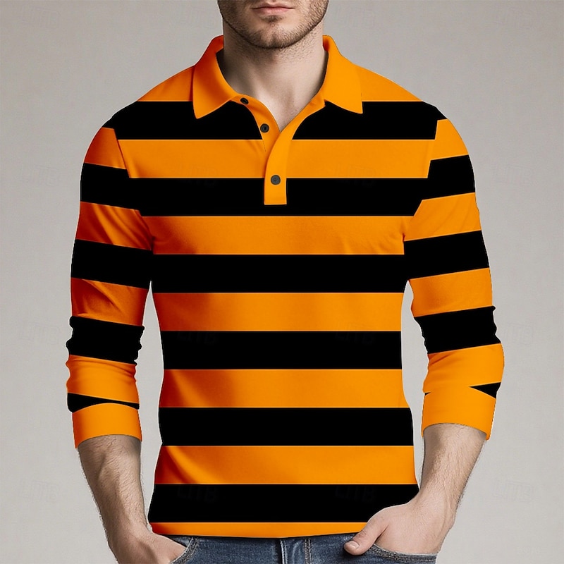 Men's Horizontal Stripes Rugby Polo Long Sleeve Polo Shirts Collared Shirts Sportswear Casual School Outdoor Athleisure 3D Print Spring Fall Winter Black Red Orange2