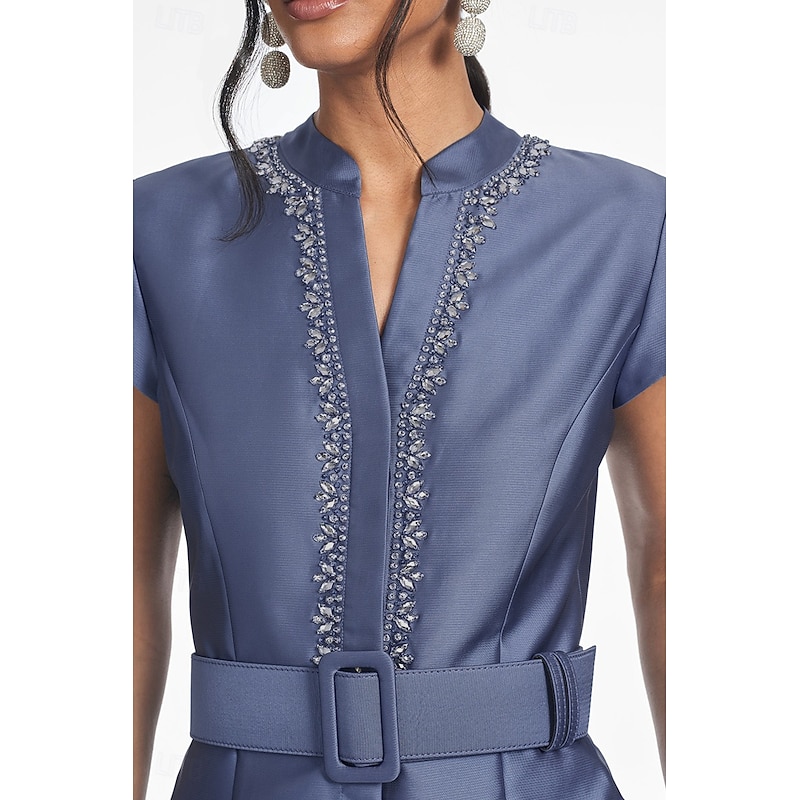 A-Line Evening Gown Elegant Dress Formal Wedding Floor Length Short Sleeve Shirt Collar Satin with Pleats Crystals Side Pockets2