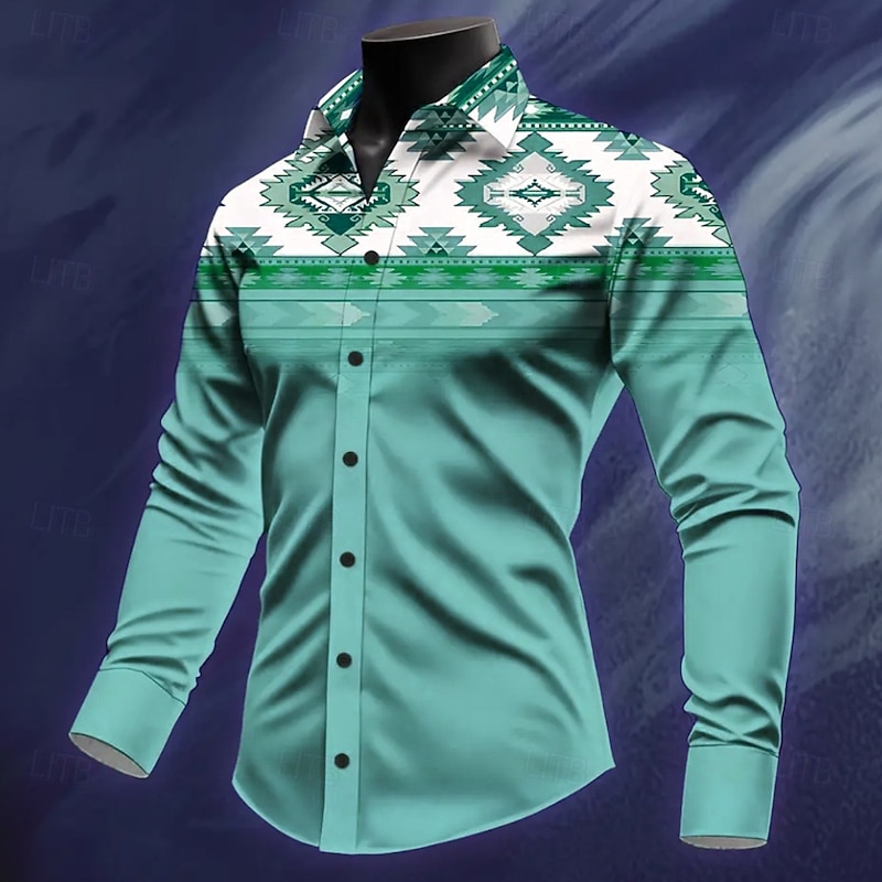 Men's Aztec Ethnic Indian Culture Shirt Western Shirt Cowboy Shirt Long Sleeve Vintage Retro Outdoor Vacation Spring Fall Turndown 3D Print Linen Like Shirt Light Purple Purple Orange Green Dark Blue4