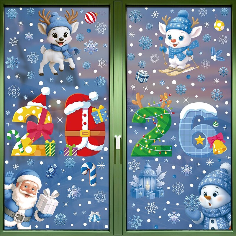 5 Sheets 2026 Christmas Window Cling Wall Sticker Decals Decorations, Colorful Creative Candy Canes & Bells, Merry Christmas, Static Cling, Holiday Home & Store Decor4