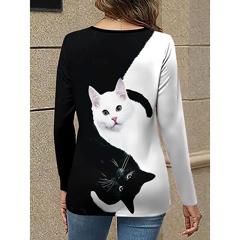 Women's T Shirt Graphic Animal Cat Vintage Stylish Classic Long Sleeve V Neck Regular Tops Daily Tassel Tie Print Black and White Spring Fall Winter2