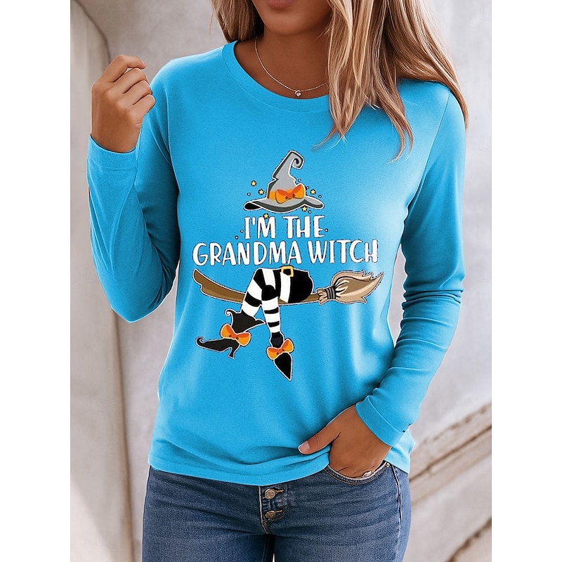 Halloween Women's T shirt Witch Long Sleeve Graphic Letter Vintage Fashion Stylish Long Sleeve Crew Neck Regular Tops Daily Weekend Print Pink Blue Orange Green Spring Fall Winter Prefall3