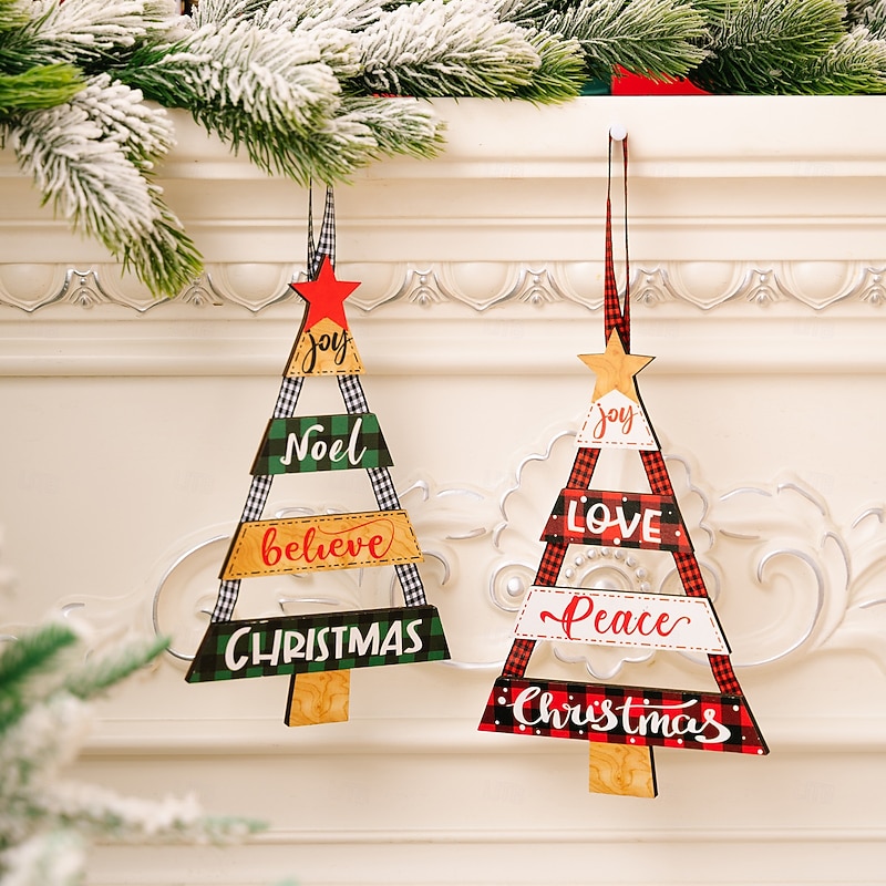 2pcs Christmas Wooden Tree Hanging Ornament, Rustic Wooden Craft Tag for Holiday Party Decoration, Christmas Hanging Decor4