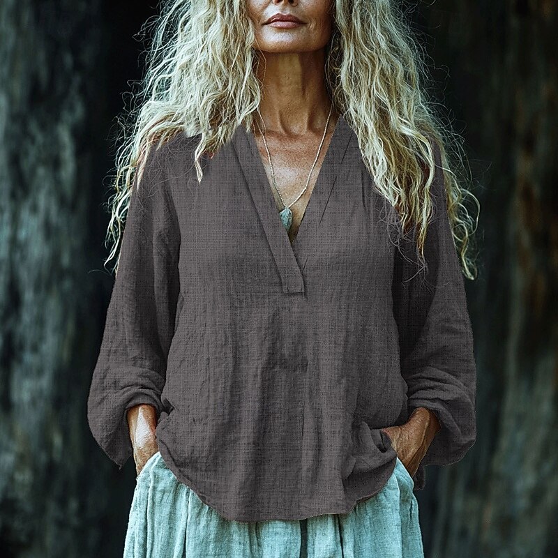 Women's Texture Blouse Linen-Inspired Shirts Blouse Plain Modern Long Sleeve V Neck Regular Tops Daily Holiday Pink Green Khaki Gray Fall4