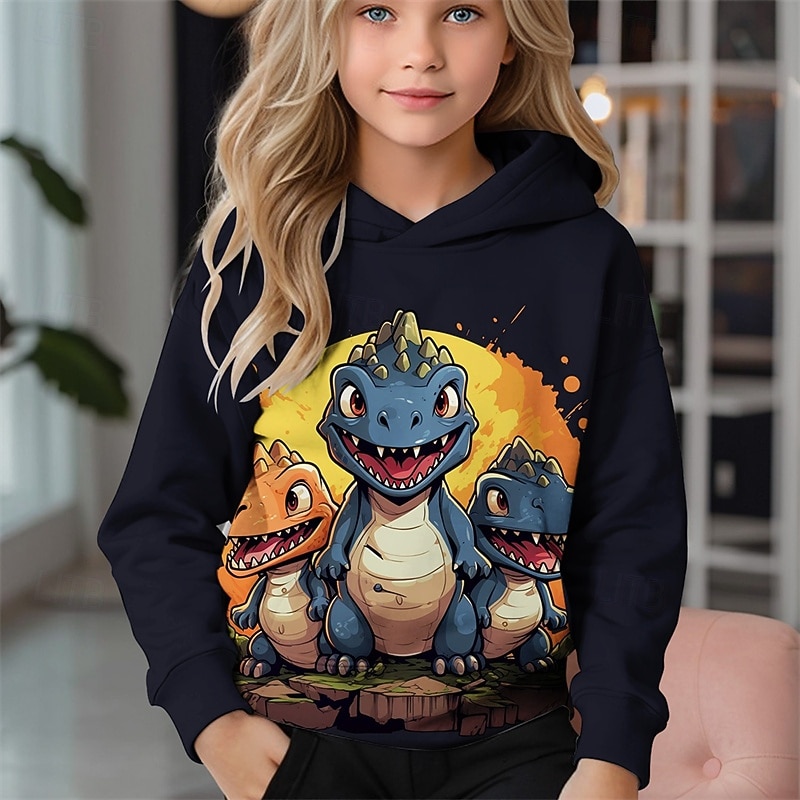 Girls' 3D Cartoon Dinosaur Hoodie Long Sleeve Spring Fall Fashion Streetwear Kids 4-12 Years Hooded Outdoor Casual Daily Regular Fit4