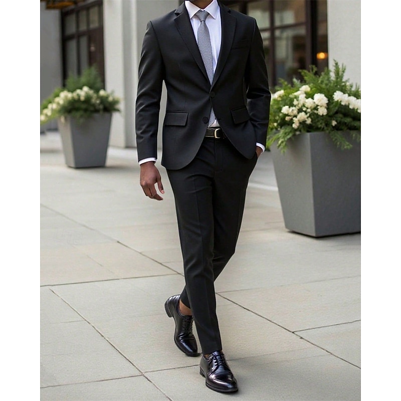 Men's Blazer Set Business Cocktail Party Wedding Party 2 Piece Fashion Casual Spring Fall Polyester Plain Pocket Buttons Comfortable Single Breasted Blazer Black4