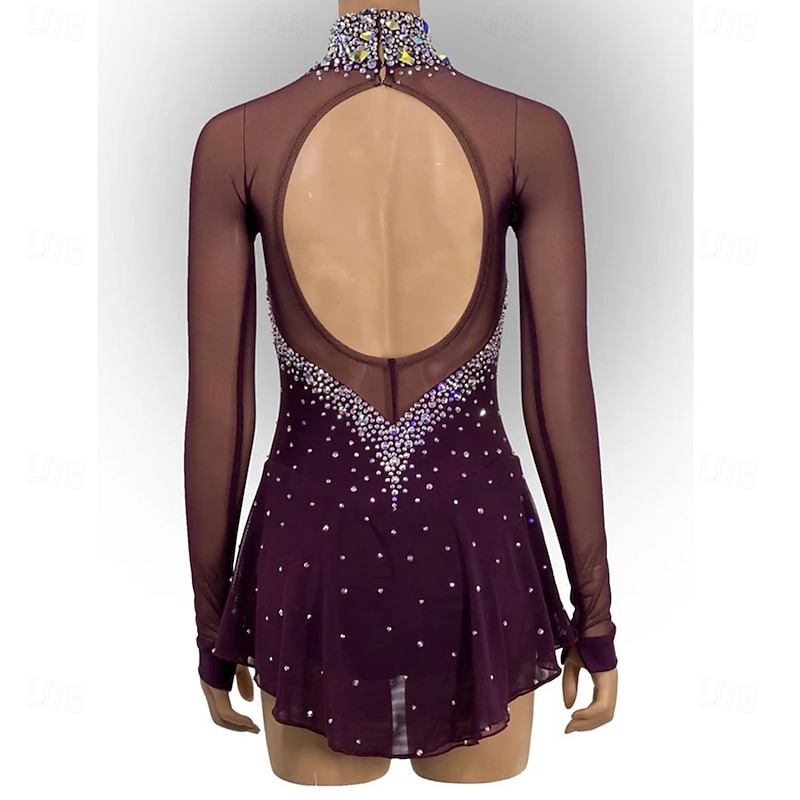 Figure Skating Dress Women's Girls' Ice Skating Dress Burgundy Open Back Asymmetric Hem Mesh High Elasticity Training Competition Skating Wear Classic Crystal / Rhinestone Long Sleeve Ice Skating Figure2
